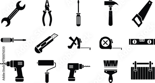 Professional construction and handyman tools set black silhouette icon wrench hammer saw drill screwdriver pliers toolbox utility knife paint brush tape measure level repair renovation kit
