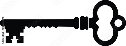 Classic antique vintage skeleton key silhouette black icon symbol of security access solution success secret opportunity mystery history unlock open close retro shape traditional clover bow graphic 