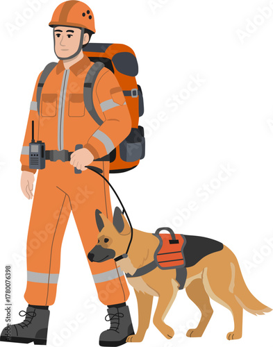 Search and Rescue (SAR) Worker with Service Dog Illustration, Rescue Team with German Shepherd Search Dog