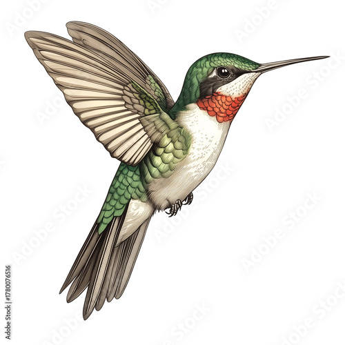 Classic Flying Hummingbird Artwork in Antique Etching Style, Generative AI
