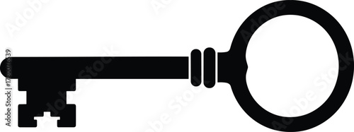 Vintage antique skeleton key silhouette black and white icon symbol of access security solution success secret opportunity mystery history unlock open close retro shape concept abstract minimal