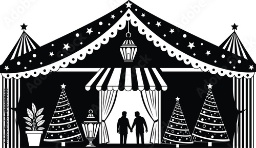 Black Silhouette of a Christmas Tent or Fairground Scene, Romantic Couple Holding Hands, Decorated Trees and Lanterns, Festive Winter Holiday Market Vector Illustration, Isolated Graphic.