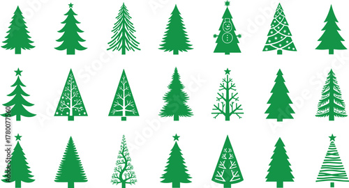 Large Collection of Green Christmas Tree Icons, Diverse Shapes and Styles of Coniferous Symbols, Holiday Vector Set for Winter Design, Seasonal Graphics, Isolated Elements on White Background.
