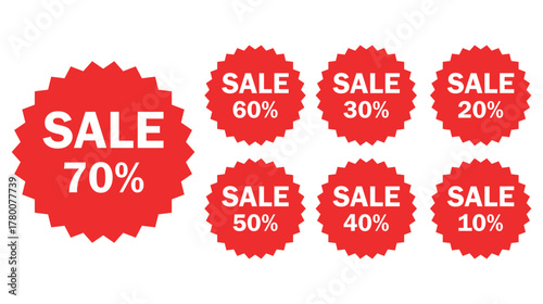 Collection of red sale discount labels showing various percentages from 10 to 70 off, promotional offer sticker set for marketing, shopping, clearance, Black Friday, and retail advertisement design.