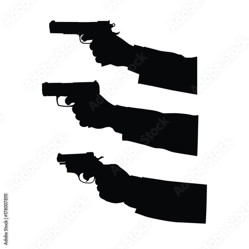 Vector silhouettes of arms extending and aiming various handguns (automatic and revolver). The image symbolizes crime, law enforcement, self-defense, military, and danger.