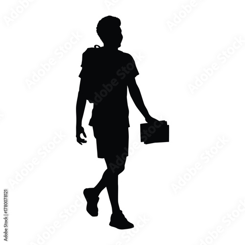 Silhouette of a Young Man Walking with Backpack and Books, Ready for School or Travel.
