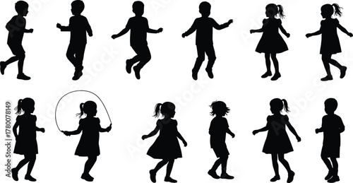Silhouette of children playing and jumping, active boys and girls in motion, joyful childhood activity, outdoor fun, creative vector design