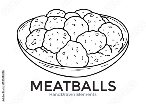A black and white illustration of a bowl filled with delicious meatballs, ready to eat.