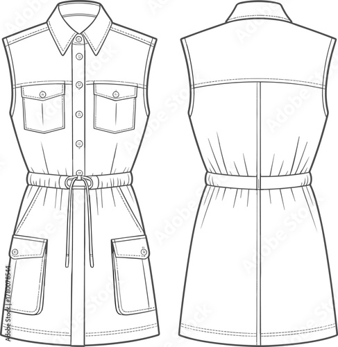 Sleeveless shirt dress technical fashion flat sketch, detailed front and back view, belted design with button down pockets, CAD vector illustration