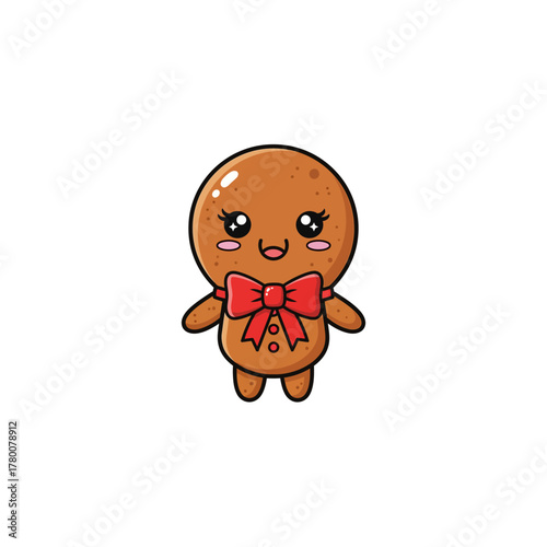 A charming cartoon gingerbread man with a cheerful expression, rosy cheeks, and a festive red bow tie, standing against a plain white background.
