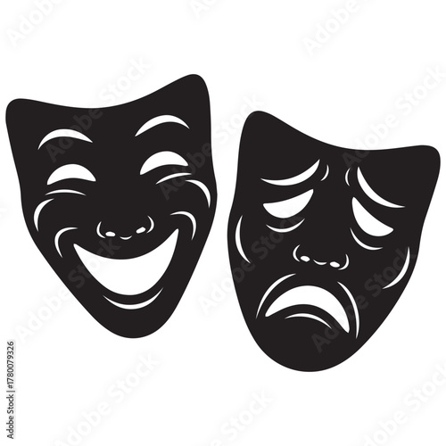 Classic comedy and tragedy theater masks in black silhouette