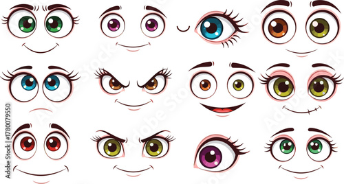 Cute cartoon eyes expressions collection, colorful anime vector faces with emotions, character design elements, kawaii illustration, adorable digital artwork