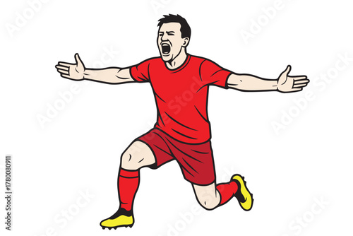 Black and white vector illustration of a professional football player wearing a red jersey, celebrating passionately after scoring a goal, expressing victory, excitement, and sports pride.