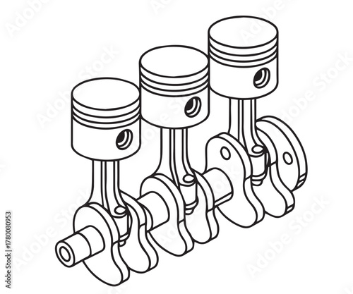 Simple black and white vector illustration featuring a detailed piston engine, symbolizing energy, manufacturing, and the industrial mechanics of progress.