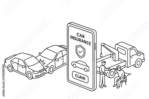 Black and white vector illustration showing a huge smartphone where a car insurance claim is processed online after a vehicle accident, symbolizing digital service and convenience.