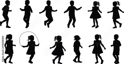 Silhouette of children playing and jumping, active boys and girls in motion, joyful childhood activity, outdoor fun, creative vector design