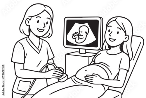 A black and white vector showing a pregnant woman lying peacefully during an ultrasound checkup ( USG), assisted by a kind nurse beside her, capturing care, trust, and maternal warmth.