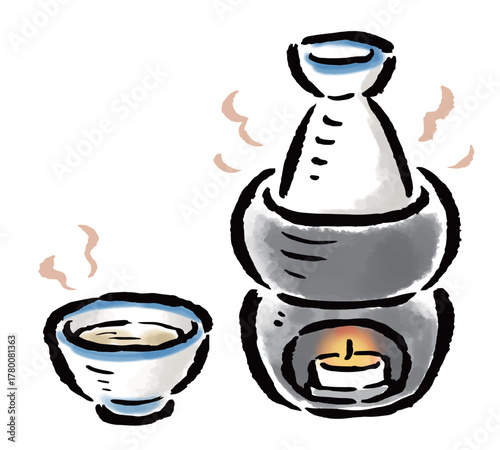 湯煎式で温める熱燗　筆タッチ手描きイラスト