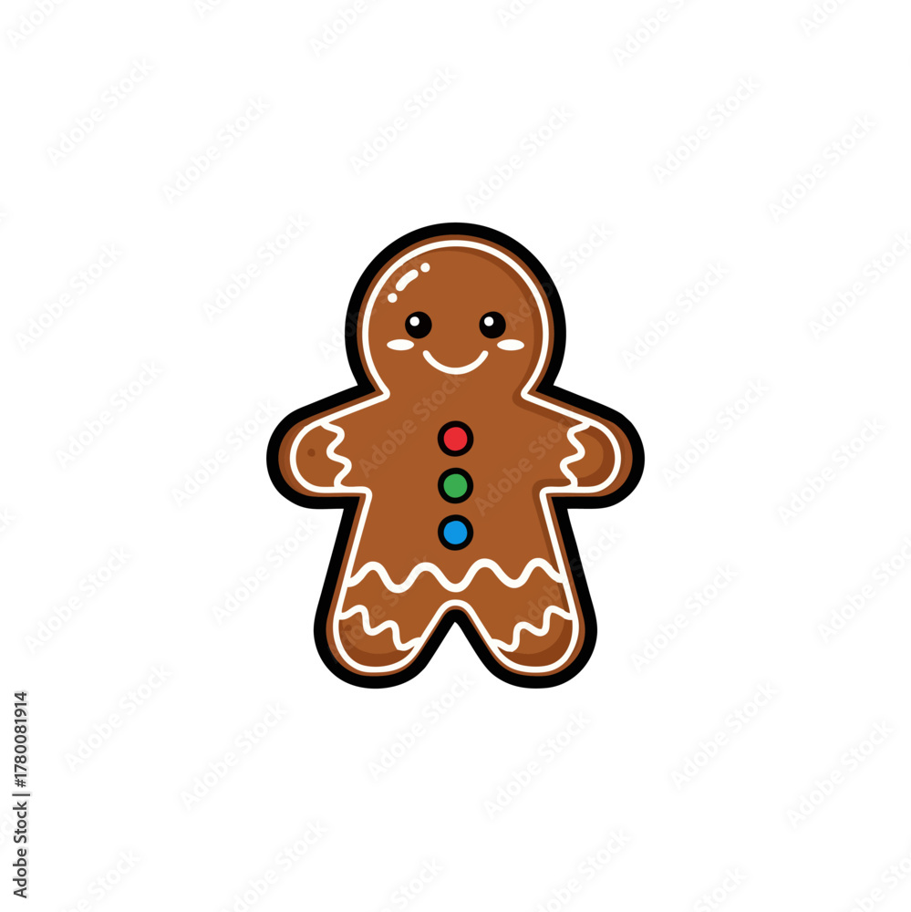 Obraz premium A cheerful, cartoon-style gingerbread man cookie with a smiling face and colorful button decorations, isolated on a white background.