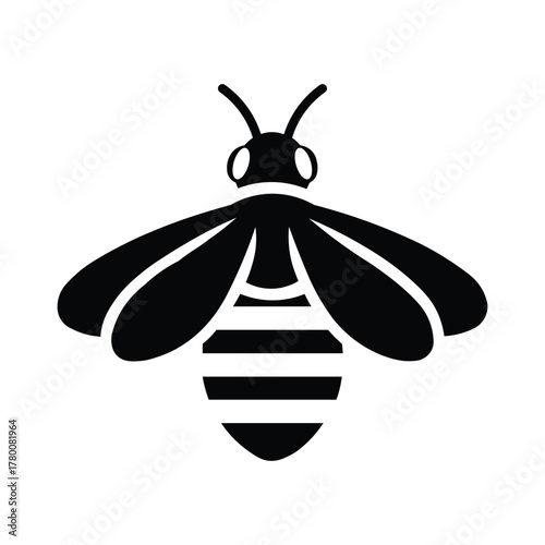 Black vector illustration of a bee with striped body on white insect icon
