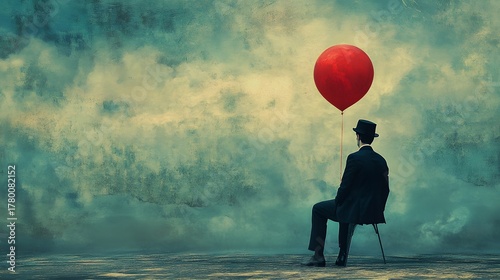 A man in a suit and hat sits on a chair, holding a single red balloon against a cloudy, textured background.
