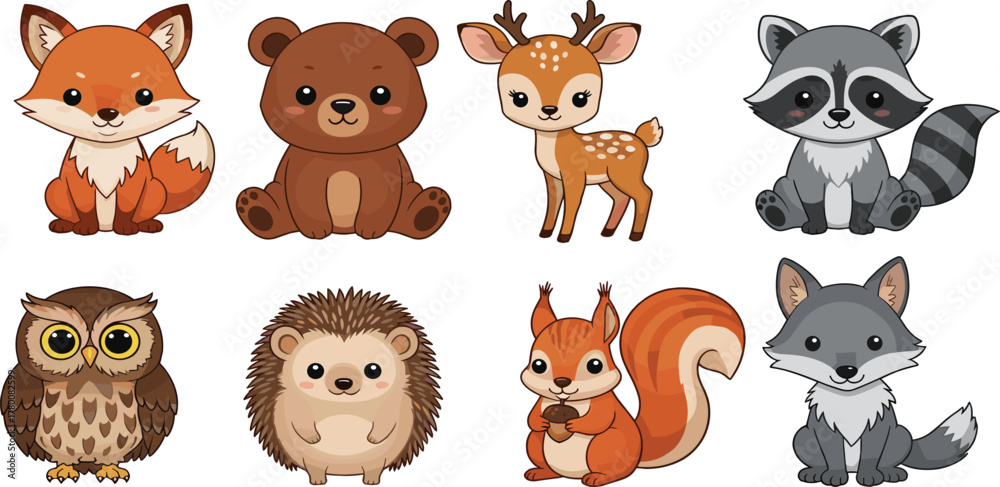 Obraz premium Collection of Cute Forest Animals Vector Illustrations Fox, Bear, Deer, Raccoon, Owl, Hedgehog, Squirrel, Wolf
