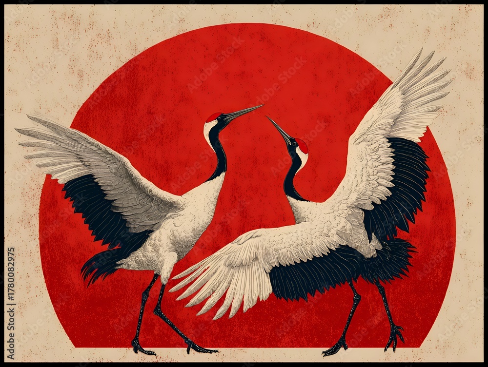 Obraz premium Two elegant red crowned cranes gracefully pose against a vibrant red sun in this artistic illustration.