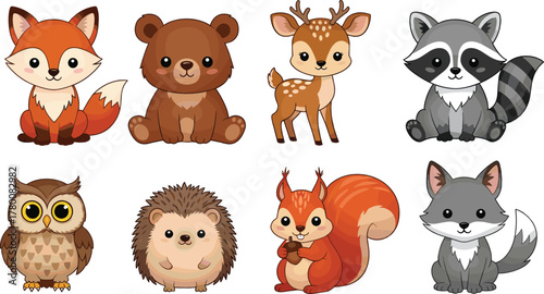Whimsical vector illustration of eight delightful baby forest animals fox, bear, deer, raccoon, owl, hedgehog, squirrel, and wolf, creating a charming collection for children's designs