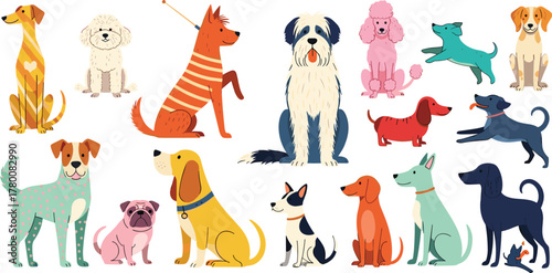 A delightful collection of diverse dog breeds in various playful and friendly cartoon styles, perfect for pet lovers and graphic design projects