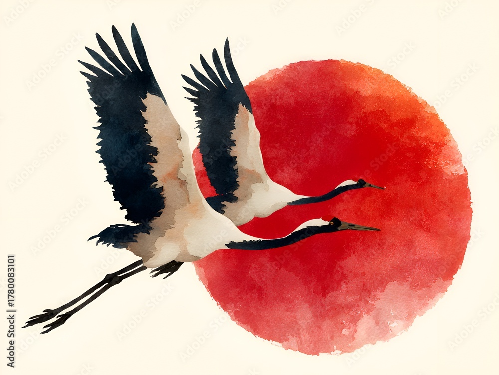 Naklejka premium Two graceful cranes fly in front of a large vibrant red sun painted in a watercolor style design art.