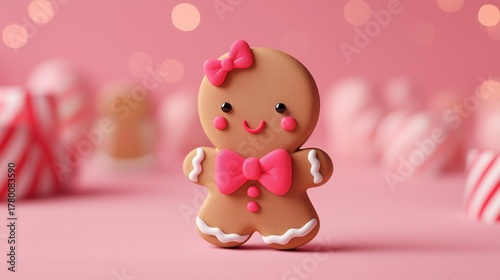 Gingerbread girl with pink bows in candy-themed scene.