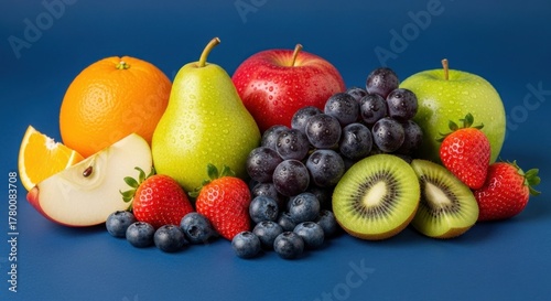 Fototapeta Naklejka Na Ścianę i Meble -  A colorful assortment of fruits including apples, pears, oranges, and strawberries on a blue background.