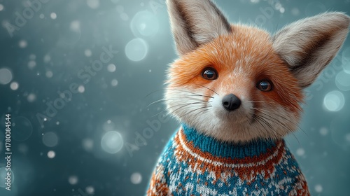 Fox in cozy sweater with snow and bokeh in background.