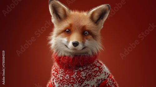 Portrait of a fox in a red winter sweater on red background.
