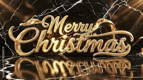 Elegant Merry Christmas text revealed by flowing golden ribbons on a black marble background, luxury cinematic lighting, golden sparkle trails, smoo