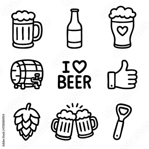A set of doodle line icons related to beer, featuring mugs, bottles, hops, barrels, openers, and celebration elements