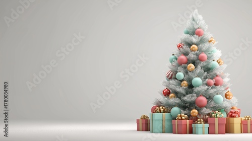 Pastel-decorated Christmas tree with gifts on a light background.