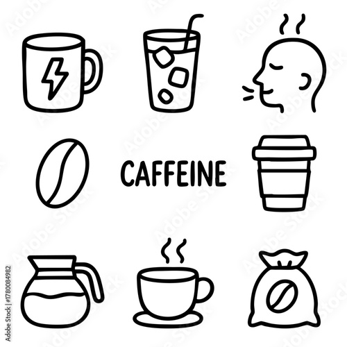 A set of doodle line icons related to caffeine, featuring coffee mugs, beans, takeaway cups, energy boosts, and hot drinks