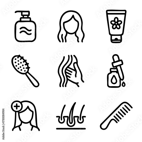 A set of doodle line icons illustrating hair care, with shampoo, conditioner, combs, scalp treatment, oil, and healthy hair