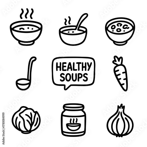 A set of doodle line icons showing healthy soups with steaming bowls, ladles, jars, vegetables like carrots, onions, and cabbage