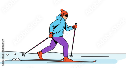 Cross-country skier in winter sportswear with sunglasses, enjoying outdoor winter activities
