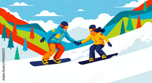 A happy couple holding hands while snowboarding together down a snowy mountain slope, a vibrant vector illustration of winter sports f.eps