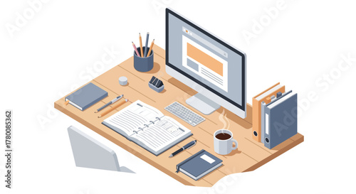3D Illustration of Modern Office Workspace with Computer, Laptop, Monitor, Keyboard, Mouse, Printer, and Desk Setup – Business Communication, Technology Equipment, and Professional Work Environment