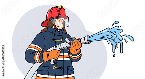 Firefighter in uniform spraying water from a hose, professional emergency responder at work, illustration