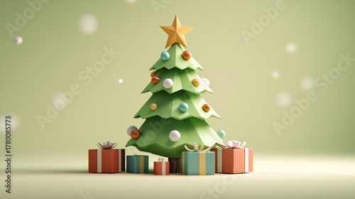 Minimalist 3D Christmas tree with bold ornaments and gifts on a green background.