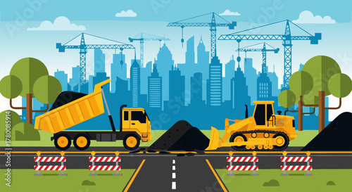 Construction site with dump truck, bulldozer, and cranes in front of a city skyline illustration