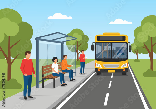 People waiting at a bus stop on a sunny day with a yellow bus arriving