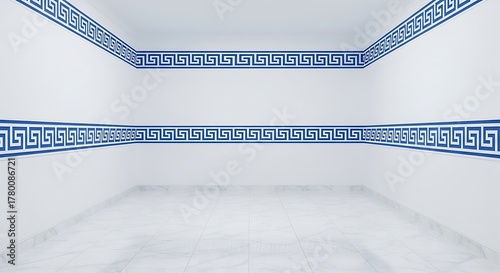 Empty square room with Classic seamless border pattern painted in blue and white.