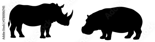 Majestic rhino and hippopotamus silhouettes showcasing African wildlife, perfect for conservation awareness and impactful environmental design projects