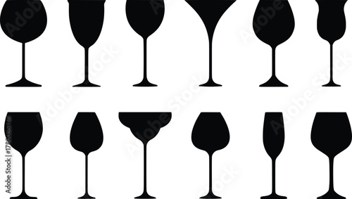 Collection of four distinct black wine and brandy glass silhouettes isolated on white vector